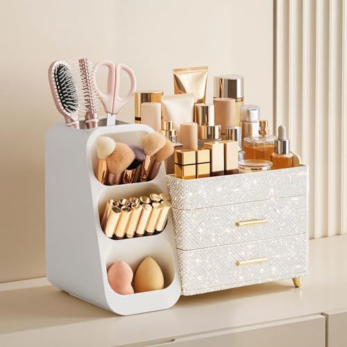 Image of HBlife Makeup Organizer with Brush Holder for Vanity, Large Plastic Bathroom Countertop Organizer Skin Care Storage, Easy to Store Nail Polishes, Perfumes, Eyeshadow Palettes, Pearl All White