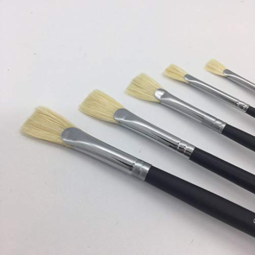 Xdt#656 Fishtail Fan Artist Paint Brush 5 Piece Set Medium Stiff Hog Bristle Extra Long Handle #0 #2 #4 #6 #8, Acrylic Oil Watercolor #TOP1