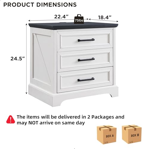 Image of ACCOHOHO Farmhouse Nightstands Set of 2, 22 Inch Wide End Table with Charging Station & 3 Large Drawers, Rustic Wood Small Dresser Chest of Drawers for Bedroom, Living Room, Off White