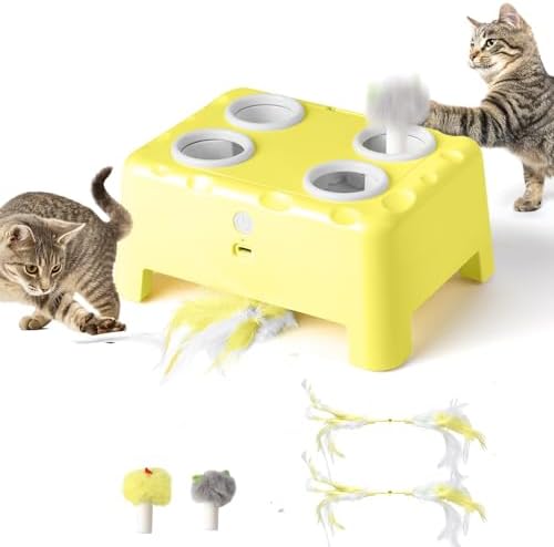 Interactive Cat Toys for Indoor Cats, 2-in-1 Cat Toys Interactive for Bored Indoor Adult Cats, Automatic Electronic Feather Cat Toy, 4 Holes Mole, Rotating Feather, USB Rechargeable Yellow
