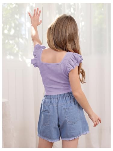 Image of OYOANGLE Girl's Casual Solid Ruffle Trim Cap Sleeve Square Neck Cute Crop Tank Tops T-Shirts