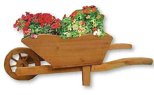 Vivo Technologies Wooden Garden Planter Wheel Barrow Wooden Traditional Planters Rectangular Pots Flowers Baskets Outdoor Flower Pot Backyard Garden Decor