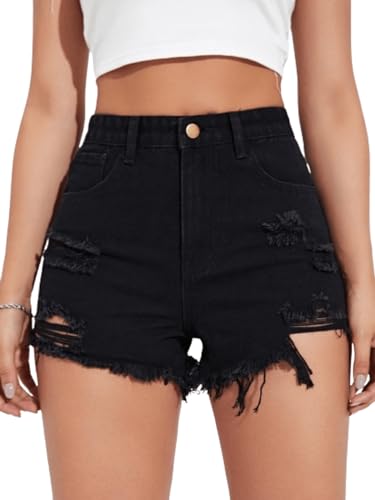 Image of Aahwan Blue Solid High Waist Ripped Raw Trim Denim Shorts Casual Summer Shorts for Women's & Girls