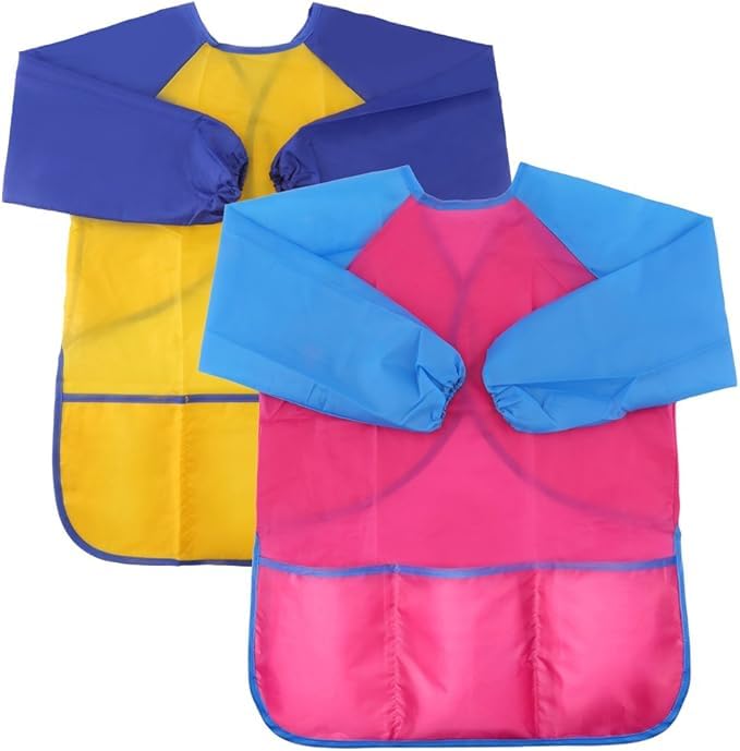 VEYLIN Kids Painting Aprons Large Size 2-pack, Waterproof Toddler Art Smocks With Long Sleeves And 3 Pockets, Kids Ages 2-8 Artist Smocks
