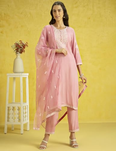 Image of Kaari Women's Embroidered Kurti Set with Dupatta | Ethnic Suits with Embellished Dupatta | Everyday and Festive Kurti Set for Women