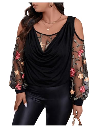 SOLY HUX Women's Plus Size Cold Shoulder Blouse Floral Mesh Long Sleeve Shirts Elegant Tops