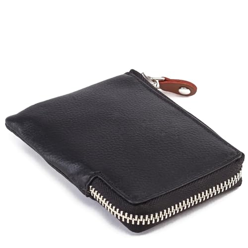 Image of Destinio Card Holder Wallet for Men Women - Genuine Leather, Branded Zippers, RFID Protection - ATM Debit Credit Card Holder, Slim RFID Protected Zipper Money Coin Purse (Black)