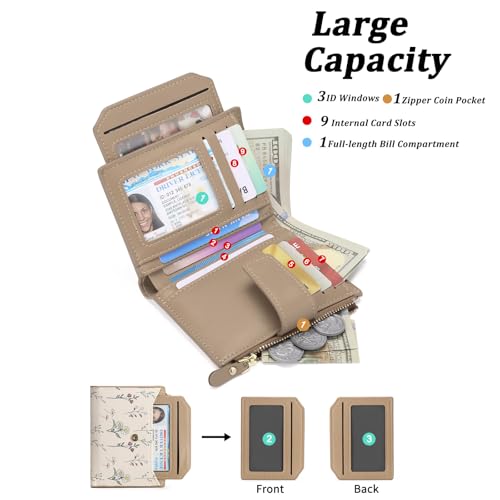 Image of GAEKEAO Small Wallets Woman RFID Blocking Vegan Leather Bifold Floral Ladies Compact Card Holder with Zipper Pocket ID Window