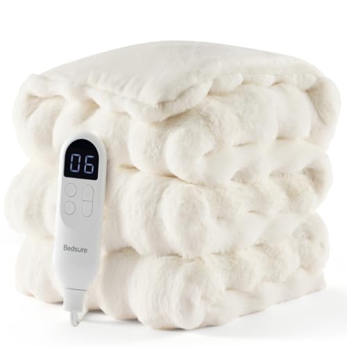 Image of Bedsure Fluffy Bubble Faux Fur Heated Electric Blanket Twin, Coconut White