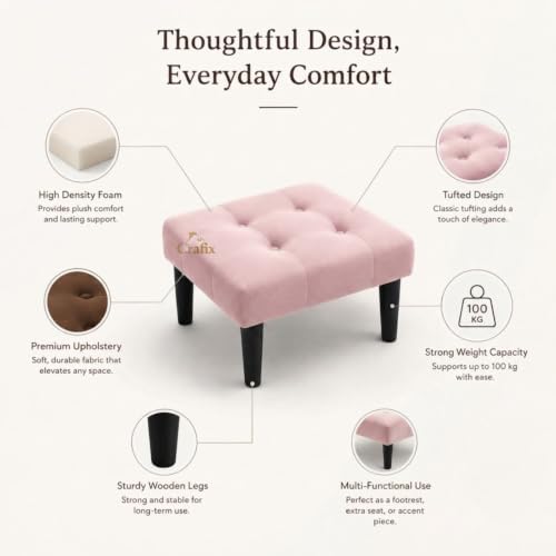 Image of Upholstered Foot Rest Ottoman Stool with Wooden Legs, Tufted Footstool for Living Room, Bedroom, Makeup Vanity, Entryway, Comfortable Footrest Bench, Modern Accent Ottoman (Pink)