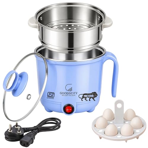 Image of GOODSCITY Multifunctional 3-in-1 Electric Kettle 1.5L| Stainless Steel Pot with Steamer & Egg Tray | Compact Multi Cook,Steam & Boil Veggies, Tea,Coffee, Water,Baby food | 600W |1 Year Warranty |GC201
