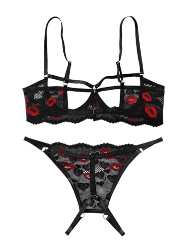 Image of Lilosy Sexy Underwire Floral Lace Sheer Lingerie Set for Women See Through Bra and Panty 2 Piece