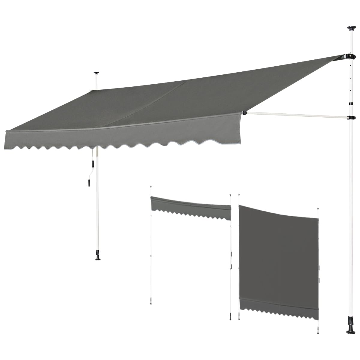 GOPLUS Klemmmarkise 400cm breit, Markise Balkon ohne Bohren, Markise mit Handkurbel, UV-beständig höhenverstellbar wasserabweisend, Sonnenschutz für Balkon Terrasse & Garten (Grau, 400cm)