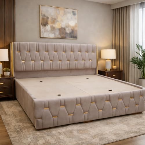 Image of Royal Aura Upholstered King Size Bed with Box Storage for Bedroom | Elegant Wooden Double Bed with Storage | Platform Cot Palang with Tufted Headboard | 6.5 x 6 Ft | Sheesham Wood | Navy