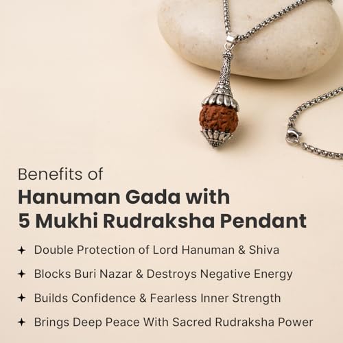 Image of Astrotalk Rudraksha Hanuman Gada Pendant | 5 Mukhi Rudraksha for Protection, Confidence & Inner Peace | Sawan Sepcial | Spiritual Pendant for Daily & Office Wear | Gift for Man & Woman