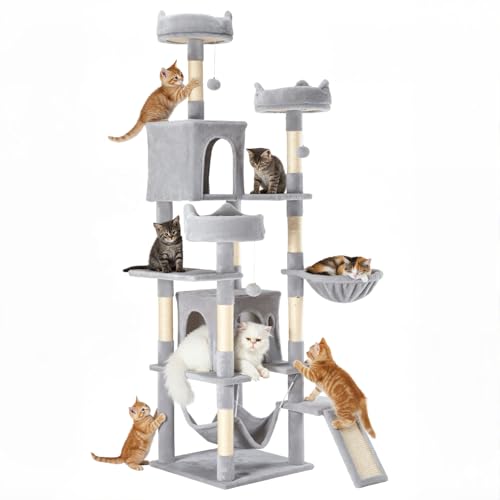 Image of Sweetcrispy Cat Tree 75 Inch, Large Multi-Level Tall Cat Tree Tower with Condo, Perches, Sisal Scratching Posts Board and Hammock, Pet Play House with Dangling Balls for Indoor Cats, Light Grey