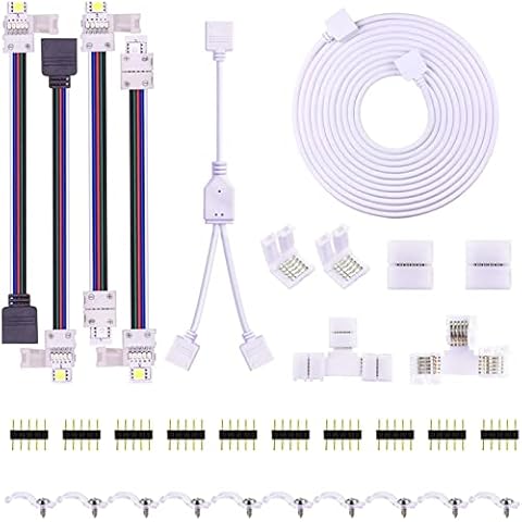 SUPERNIGHT 5PIN LED Strip Connector Kit 10mm 5050 RGBW LED Connector Kit with 9.8FT Extension Cable, Strip to Strip Jumper, Strip to Power Jumper, 2 Way Splitter, L Shape Connector, Gapless Connectors Cover