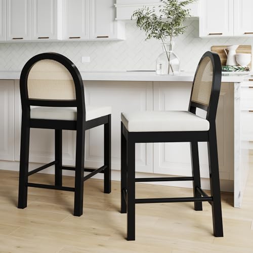 Image of Nathan James Bailey Boucle Upholstered Rattan Bar Stool, Counter Height Stool with Natural Rattan Woven Back For Kitchen Island, White/Black Oak, Set of 2