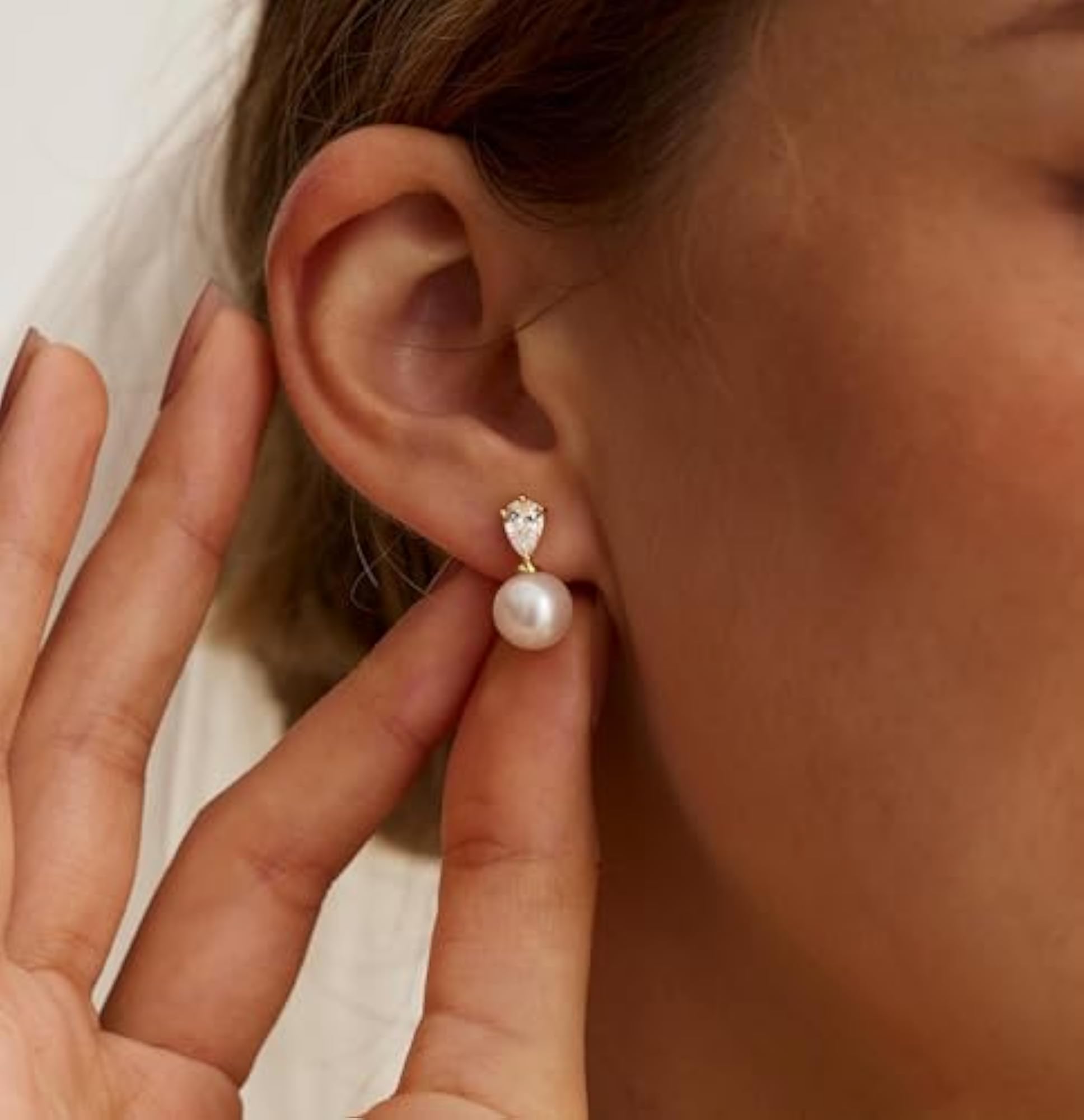 Women's Dainty Pearl Drop Earrings, 14K Gold Pearl Wedding Earrings