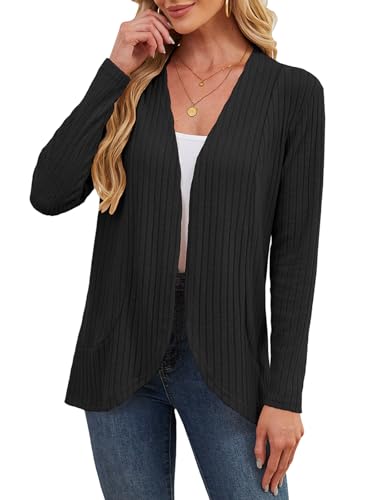 DouBCQ Womens Long Sleeve Cardigan Lightweight Casual Open Front Ribbed Knit Sweater Cardigans