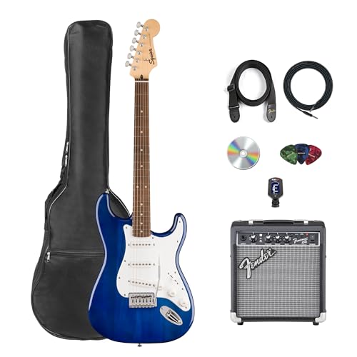 Fender Squier Sonic Stratocaster - Sapphire Blue Transparent Bundle with Frontman 10g Amplifier, Gig Bag, Instrument Cable, Strap, Tuner, Picks, and Austin Bazaar Instructional DVD
