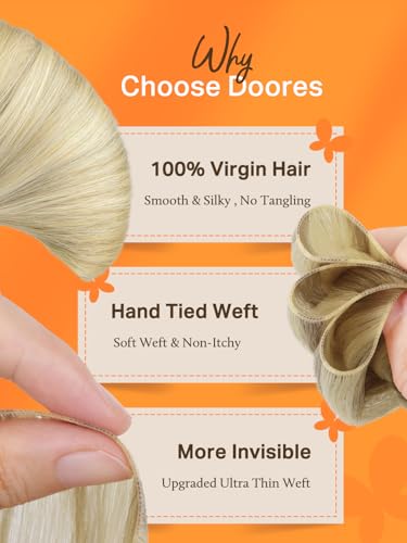 Image of DOORES Sew in Real Hair Extensions, 16 Inch Light Blonde Highlighted Golden Blonde 50g, Genius Sew in Weft Extensions Real Human Hair