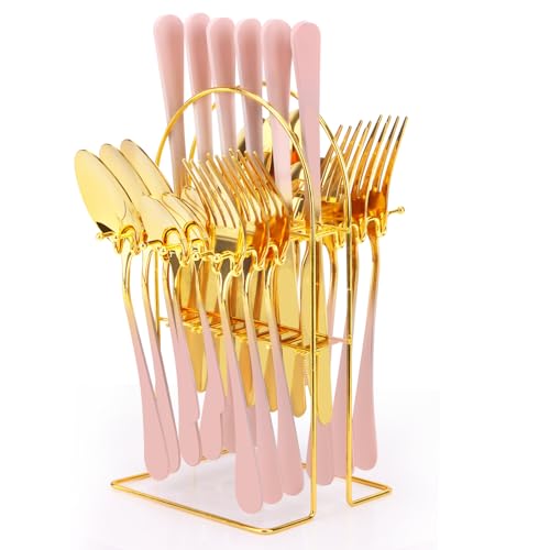 24 Pieces Flatware Set, Stainless Steel Cutlery Set with Silverware Holder, Modern Gold Silverware Set Includes Dinner Knives Forks Spoons,Hanging Silverware Set Service for 6 (Pink)