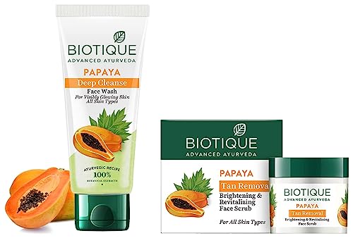 Image of Biotique Bio Papaya Visibly Flawless Skin Face Wash For All Skin Types, 150ml And Biotique Bio Papaya Revitalizing Tan Removal Scrub, 75g