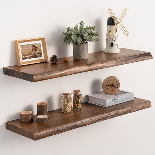 Image of 32 inch Live Edge Floating Shelves Set of 2, Solid Elm Wood, Vintage