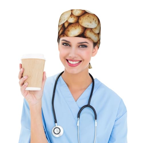 Image of Cute Pug Dog Print Working Cap Scrub Cap with Sweatband,Adjustable Fashion Bandage Tie Back Hat Headwear for Women Men