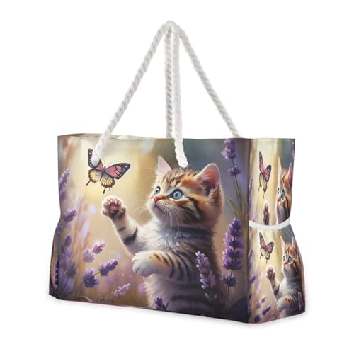 Cat Butterfly Beige Beach Tote Bag for Women Large Travel Tote Bags Waterproof Carry On Swim Pool Bag Beach Bags with Zipper for Yoga Gym Women Vacation Essentials Nurse