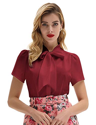 Image of Belle Poque Summer Short Sleeve Office Button Down Blouse Stripe Shirt Tops with Bow Tie BP573