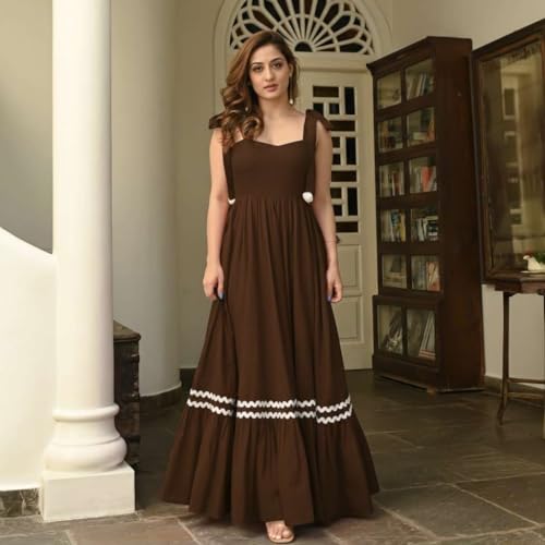 Image of Women's Elegant Long Maxi Gown with Shoulder Ribbon Tie-Up, Stylish & Trendy - Fit and Flare Sleeveless Square Neckline Western Dress, Casual Dress for Women