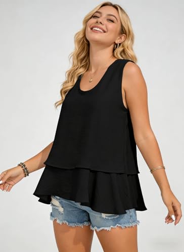 Image of Summer Tops for Women Flowy Chiffon Sleeveless Blouses White Tank Top Woman Ladies Crewneck Double Layers Strap Shirt