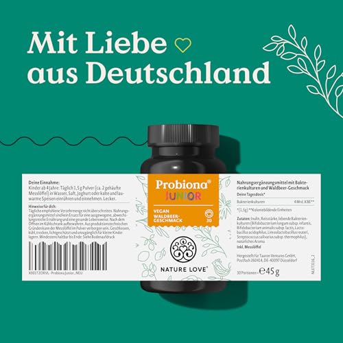 NATURE LOVE® Probiona Junior - 45g Pulver - Darmbakterien für Kinder ab 4 Jahren - 5 Bakterienstämme - mit Lactobacillus (Milchsäurebakterien), Bifidobacterium und Inulin - vegan & laborgeprüft 6