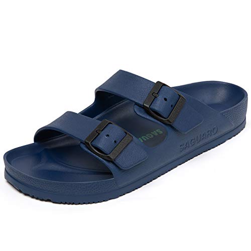 SAGUARO Men\'s Women\'s Comfort Double Buckle Sandals Lightweight Adjustable EVA Sandals with Rubble Sole Blue/Rubber Patches 10 Women/8 Men