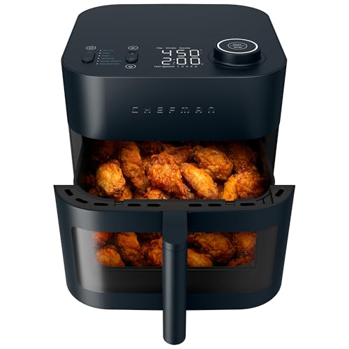 Chefman Crispinator Air Fryer 6-in-1 with 8 Qt capacity, 450°F Max Temp with TurboFry Pro Technology for Fast and Even Results, Viewing Window, Nonstick Ceramic Basket, 10-Pc Liner Starter Pack