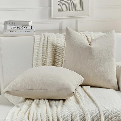 FUTEI Beige Chenille Decorative Throw Pillow Covers 22x22 Inch Set of 2,Soft Cozy Faux Linen Textured Cushion Case,Farmhouse Home Decor for Couch Living Room