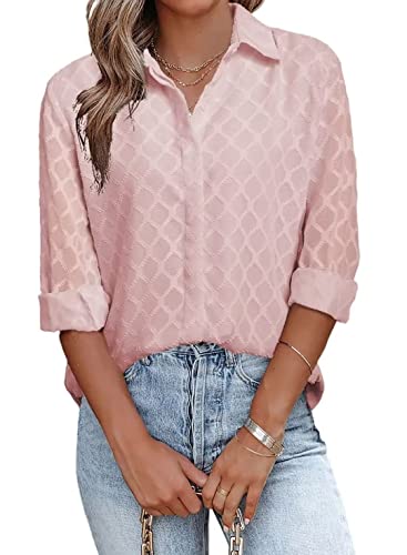 Farysays Work Blouses For Women Office Ladies Long Sleeve Button Down Shirts V Neck Spring Summer Fall Casual Tops Pink Medium #TOP6