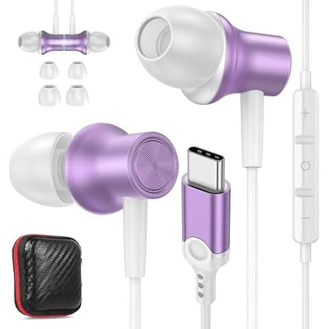 USB C Headphones for iPhone 16 15 Pro Max Plus iPad, Type C Earphones Noise Isolating with Mic Stereo Magnetic Cord Wired Earbuds for Samsung S24 Ultra S23 Fe A35 S22 Flip 6 Pixel 9 8 7 Pro, Purple Cover