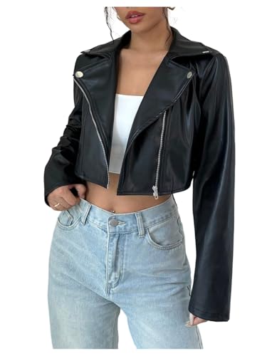 Floerns Women's Y2k PU Leather Jacket Motorcycle Long Sleeve Rave Cropped Outerwear Coat