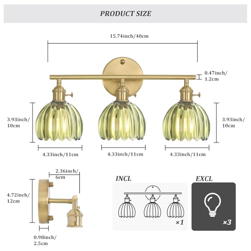 Shenmoyl Vintage Wall Sconce Indoor, Bathroom Light Fixtures Over Mirror, 3-Light Brass Gold Vanity Wall Lights with Green Tulip Glass Shade for Bedroom Living Room (Bulb Not Included) by Shenmoyl - Image 8