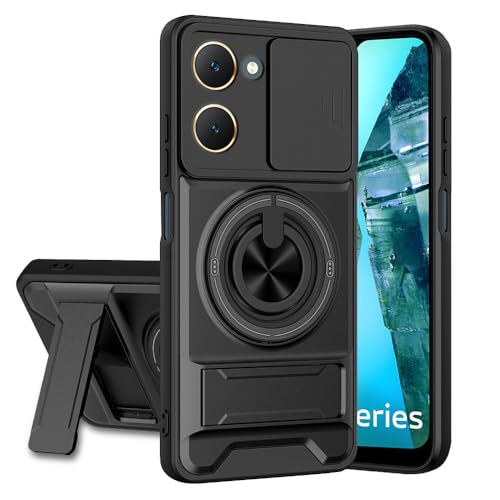 Image of Vivo Y18 /Y18E /T3 Lite Back Cover | Armor Camera Slider 360 Degree Rotating Finger Ring Holder Case with Bracket Stand Back Case Cover (Compatible with MagSafe Accessories) (Black)
