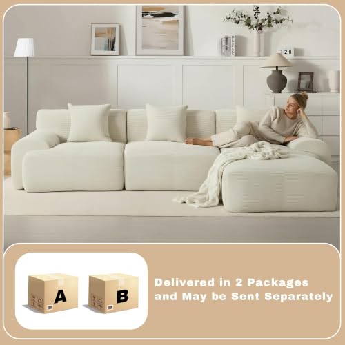 Image of 107 inch Cloud Modular Sectional Couch,Boneless Sofa with Ottman,L-Shape Upholstered Sofas with Deep Seat,Modern Cozy Corduroy Couches with Memory Foam,No Assembly Required (Beige)
