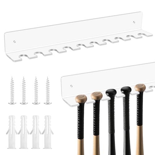 Threehoney 2 Pcs Clear Baseball Bat Display Rack Wall Mount 15 3/8 x 2 x 2 Inch Hanger Vertical Mini Baseball Bat Holder for 10 Items Acrylic Hanging Rack Organizer