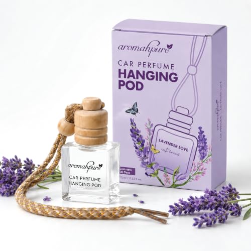Image of Aromahpure Premium Car Perfume Hanging Pod |10 ML |Lavender Fragrance Car Air Freshener |Natural Essential Fragrance Oils in Glass Bottle with Wooden Diffuser Lid |Last upto 30 Days, IFRA certified