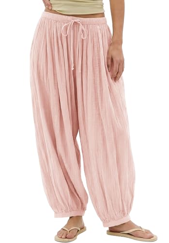 Jenkoon Womens Balloon Pants Summer Flowy Wide Leg Pants Cotton Blend Drawstring Vacation Beach Pants(Pink,M)