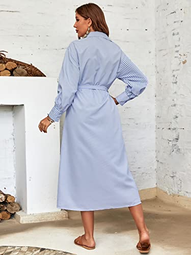 Neeno Women's Dresses Striped Drop Shoulder Belted Shirt Dress Dress for Women (Color : Blue and White, Size : Large)2