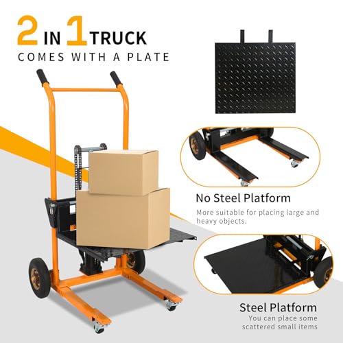 Tory Carrier Hydraulic Winch Stacker, 440lbs Capacity Material Pallet Stacker, 35.4\" Lifting Height, Pallet Truck Dolly, 9.1” Rubber Wheels Lift Table Cart, Forklift with Steel Platform Board - Thumbnail 4