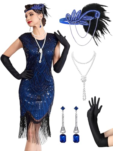 MTITE Women's Flapper Dresses 1920s Dresses for Women Great Gatsby Sequin Fringed Roaring 20s with 20s Accessories Set (BLUE, S)